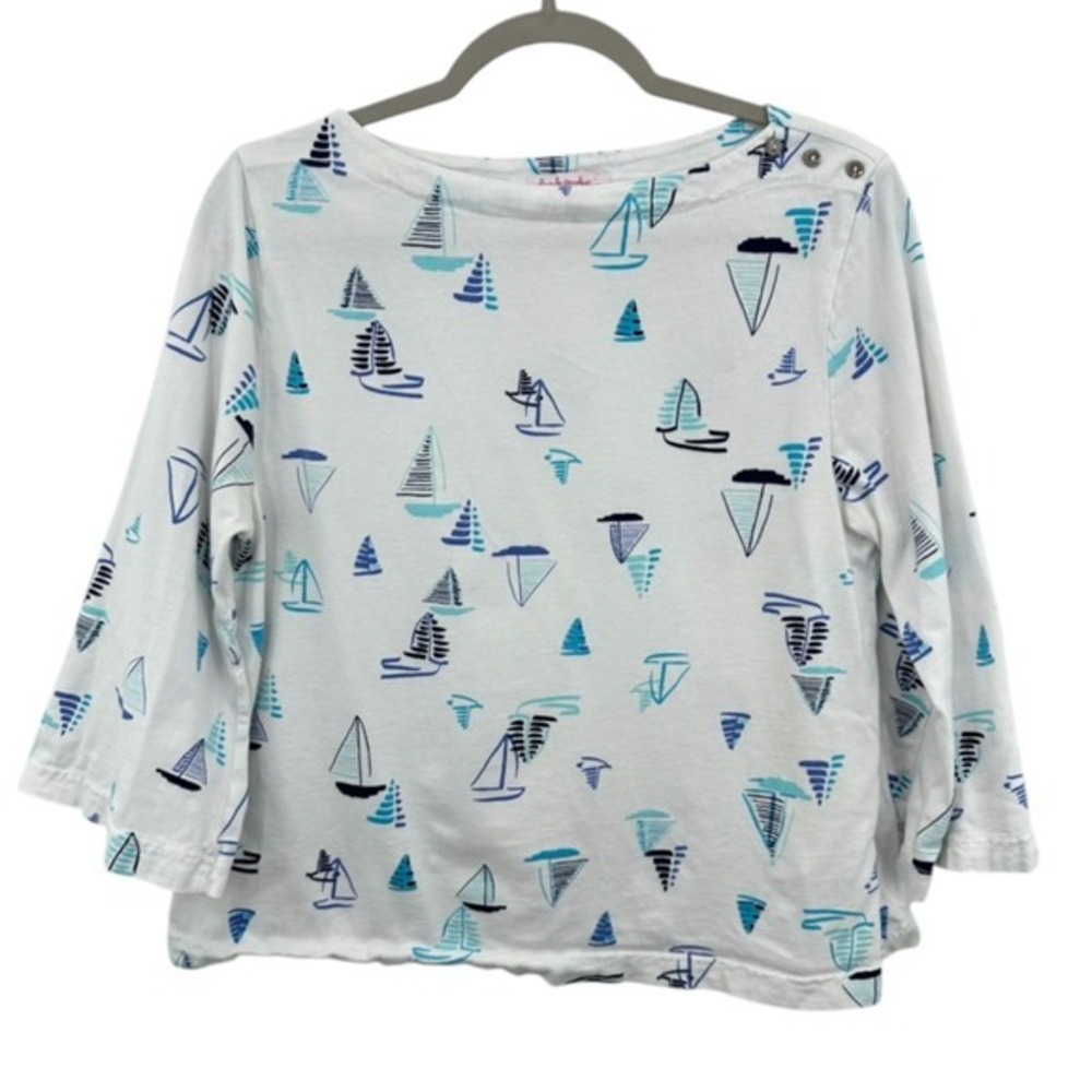 Fresh Produce Sailboat Print Boatneck Top Nautical 3/4 Sleeve White Blue